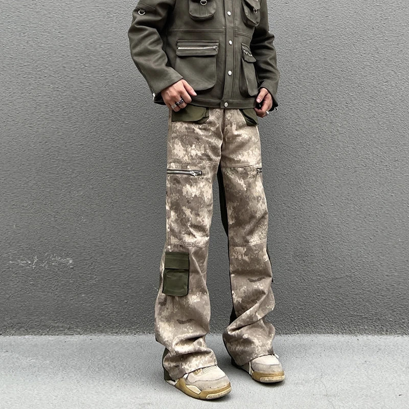 vintage camouflage denim jean street wear functioncan patches casual jeans pants mens baggy straight leg camou jeans overalls unique jeans style 2999
