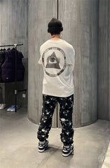Summer 24ss Cross Print Brand Fashion Round Neck High-Street Round Neck Cotton Long Sleeve T Shirt Pullover