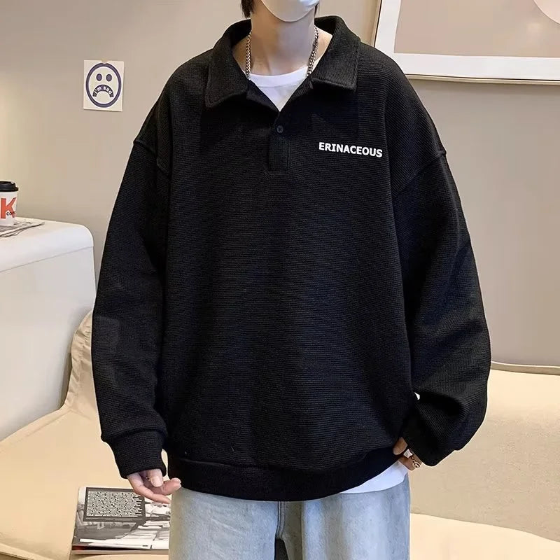 2025 Autumn Japanese Polo Sweatshirts Men Casual Waffle Turn-down Collar Sweatshirt High Street Long Sleeve Tops New in Hoodie