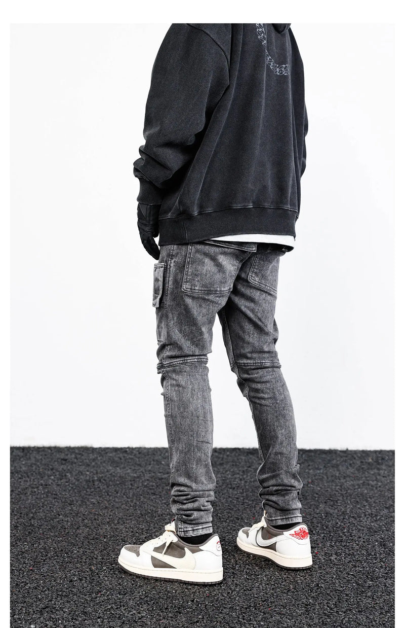 side pocket denim retro jeans mens biker zipper jean trousers hip hop fashion high street slim fit pants joggers y2k men s jeans unique joggers style 2943