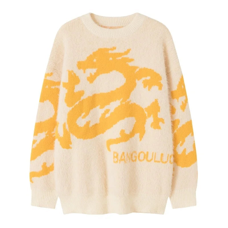 hip hop knitted sweater men winter o neck anime chinese dragon pattern pullover streetwear casual loose sweater jumper knitwear oversized graphic print design, urban wear with bold artwork, high quality cotton pullover