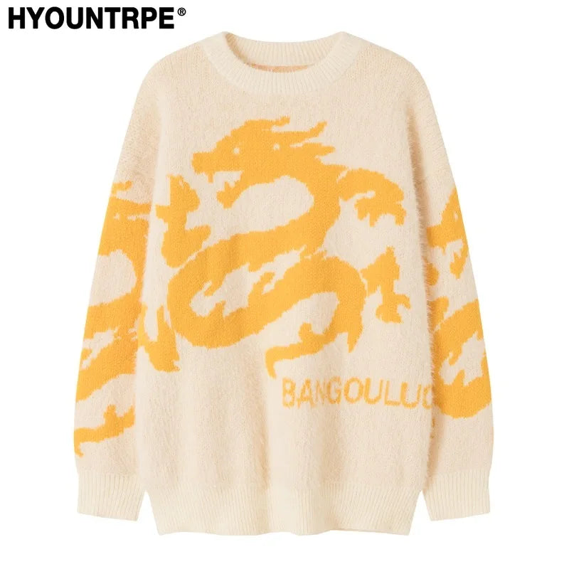 hip hop knitted sweater men winter o neck anime chinese dragon pattern pullover streetwear casual loose sweater jumper knitwear oversized graphic print design, urban wear with bold artwork, high quality cotton pullover