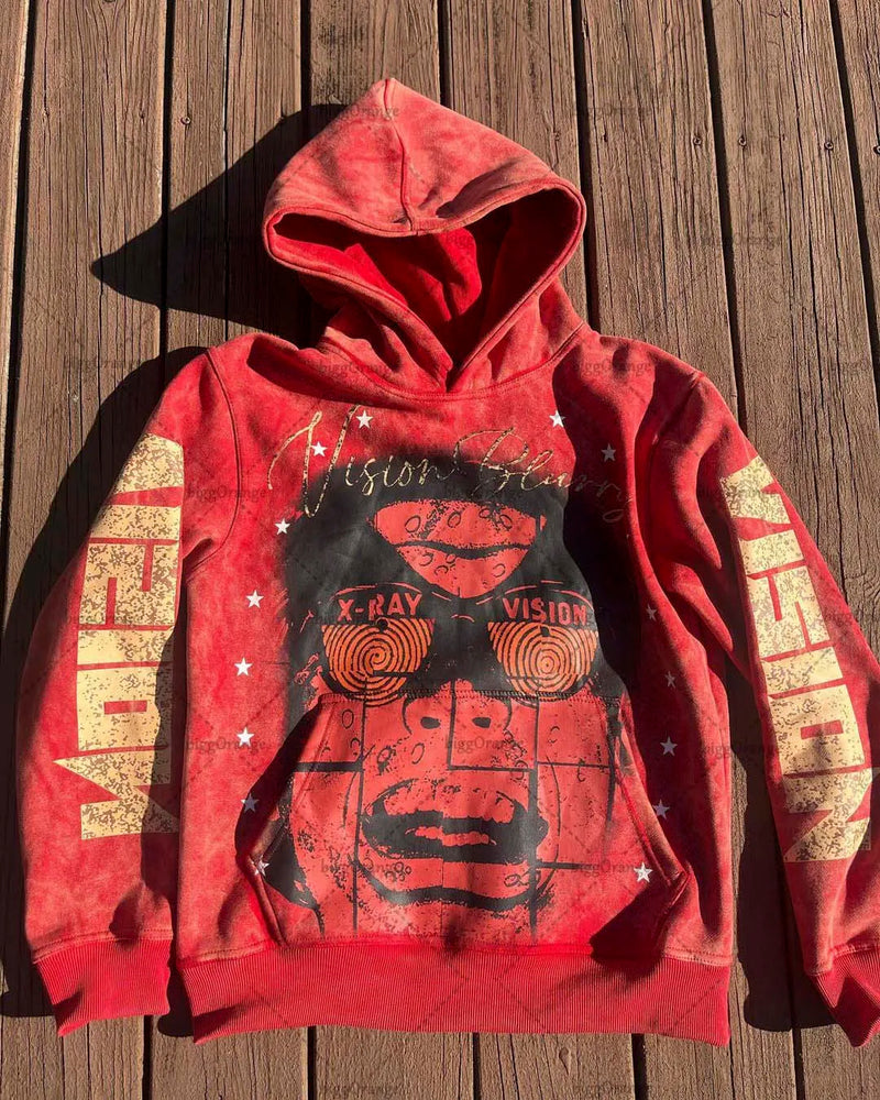 American Gothic Punk Cartoon Letter Print Oversized Hoodie Mens Fashio