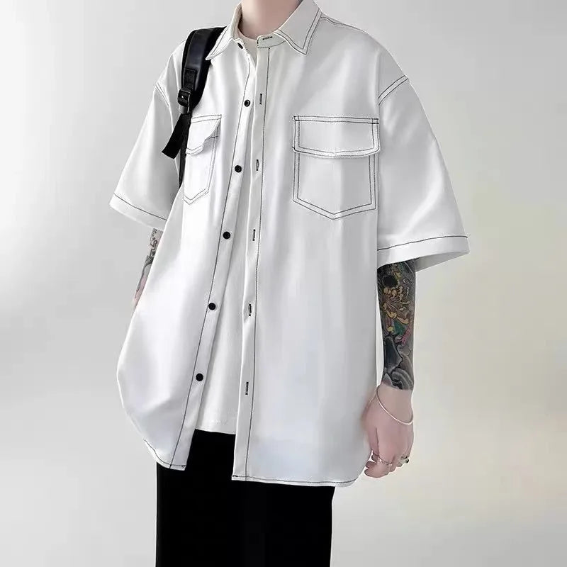 Short Sleeved Shirt Men Fashion Retro Streetwear Korean Loose Casual Vintage Shirt