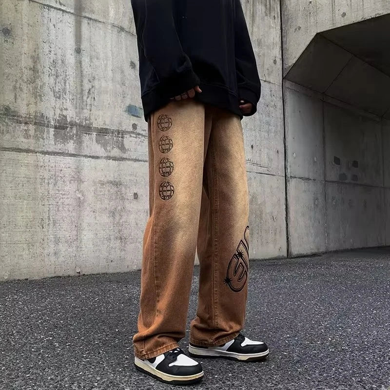 2023 new fashion letter graffiti brown hip hop men baggy jeans pants y2k clothes straight vintage denim trousers pantalon homme unique jeans style 5809