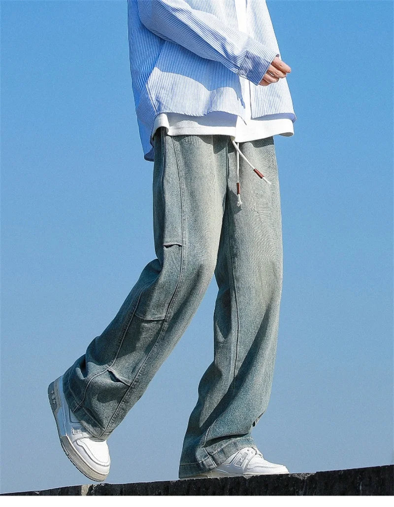 american distressed straight drawstring jeans for men high street baggy patchwork denim pants 2024 new hip hop fashion y2k jean unique jeans style 3374