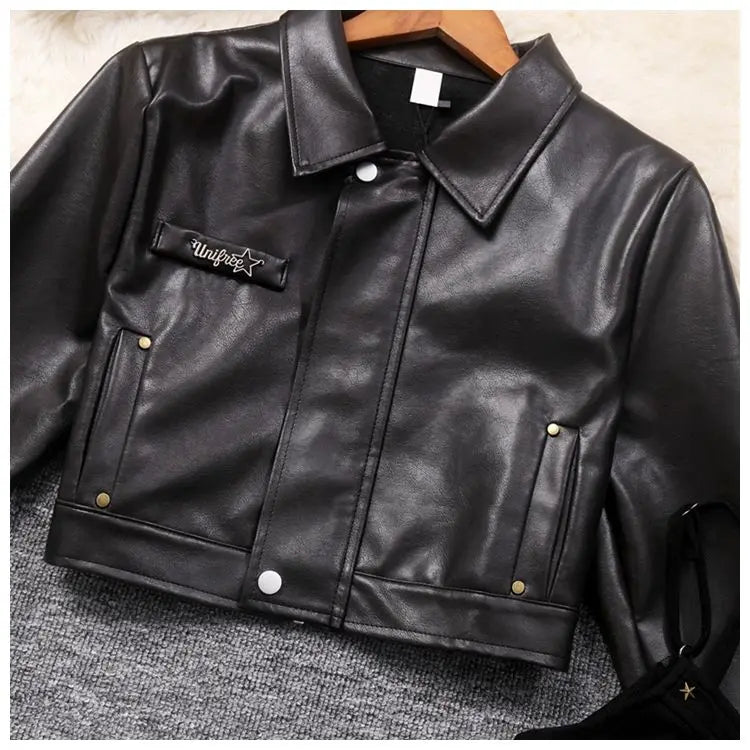 Retro hot girl camisole irregular big swing skirt short leather jacket coffee color set two piece sets womens outifits dress