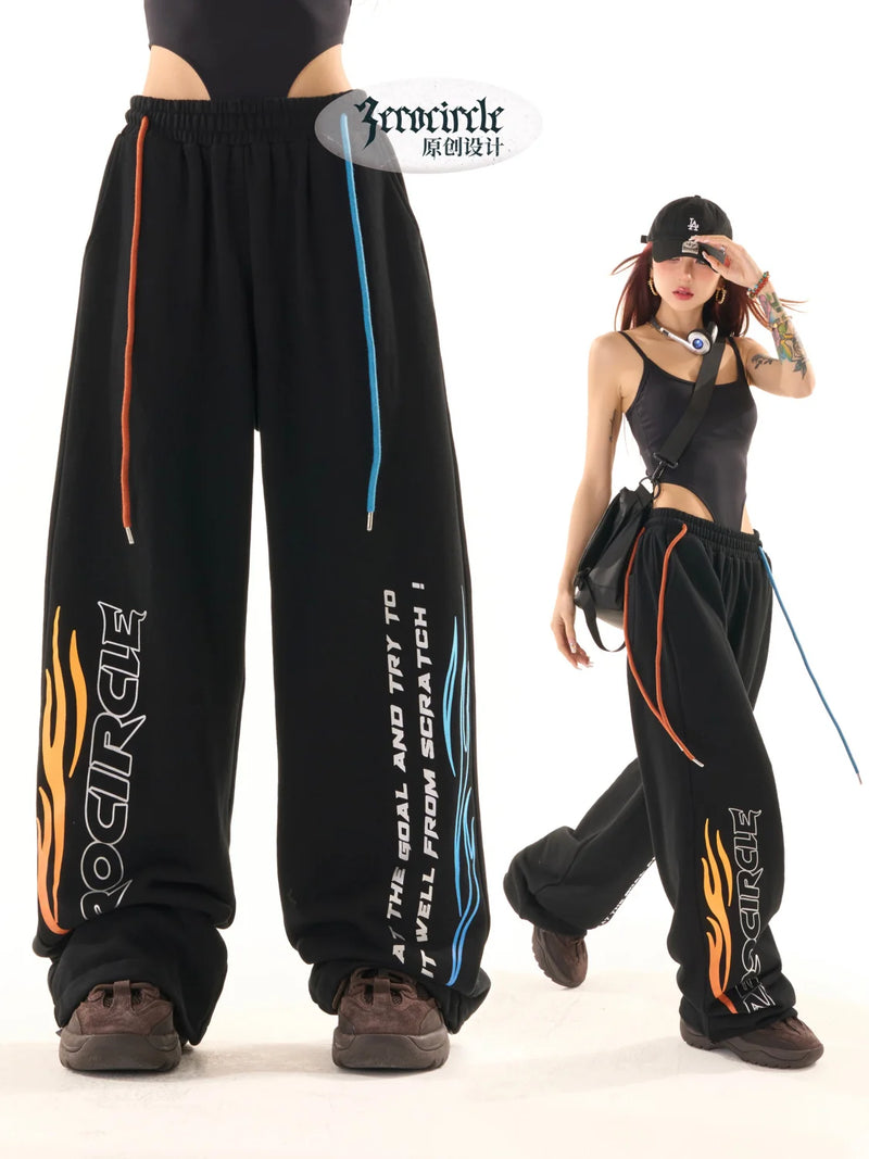 high street hiphop black wide leg waist pants women spring american loose straight casual y2k pants streetwear women sweatpants unique joggers style 2557