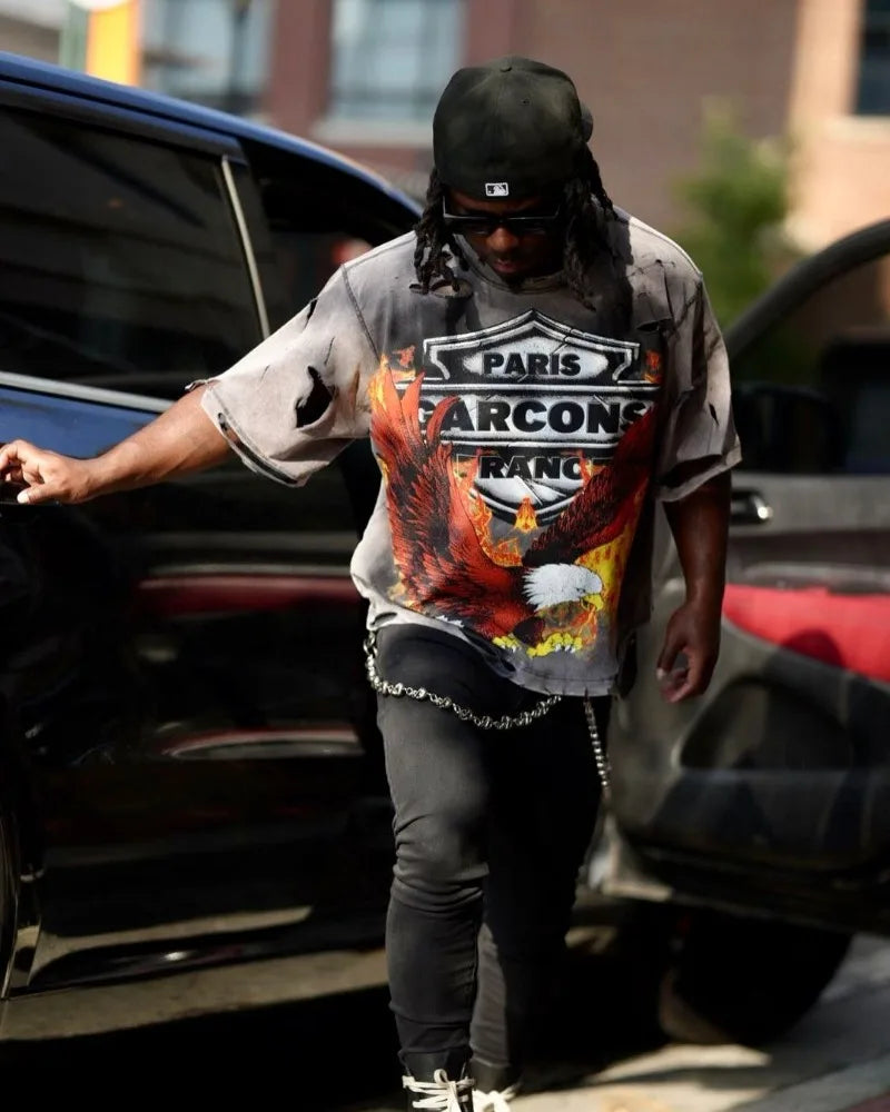 Anime Graphic tee – American Street Washed Old Flame Anime Letter Print Oversize