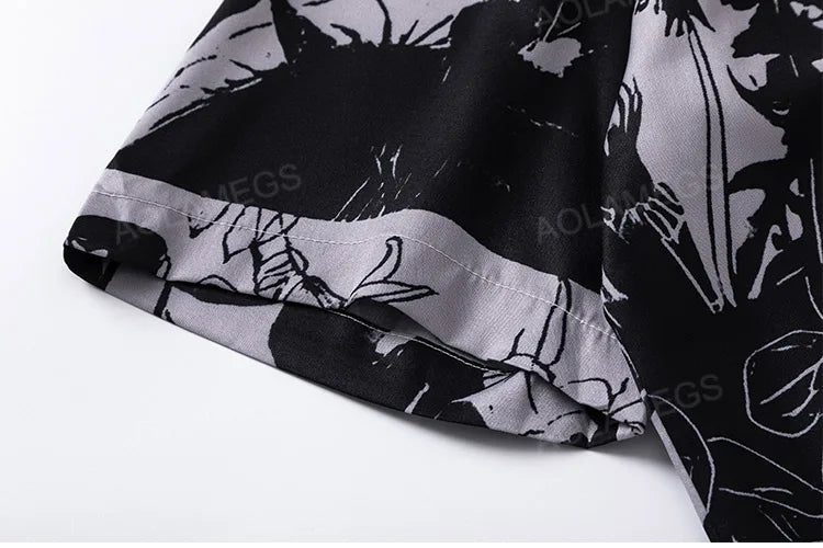 Hawaiian Shirt Retro Floral Print Short Sleeve Blouse Vacation Tops Casual Loose Shirt Black