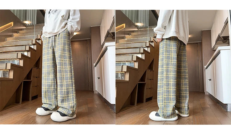mens plaid pants baggy winter trendy fleece loose straight wide leg mopping trousers unisex thick velvet warm long pants unique default style 1119