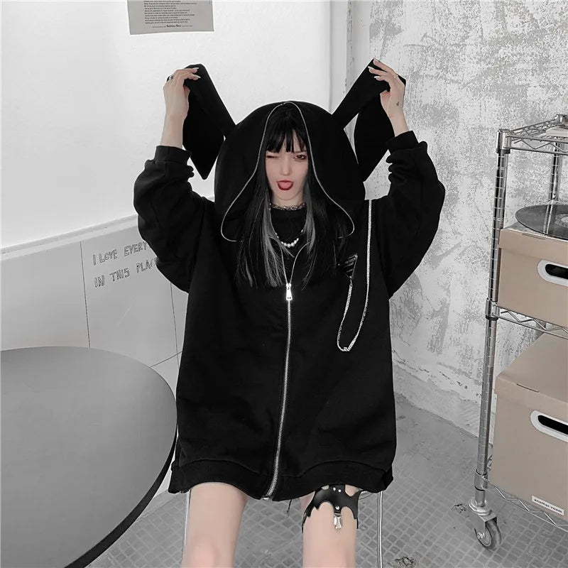 Autumn Winter Emo Bunny Hoodie Women Zip Up Kawaii Sweatshirt Rabbit E