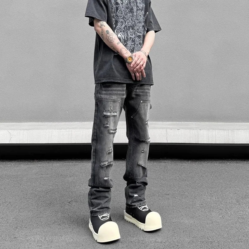 high street distressed black hole washed destroyed jeans casual ripped logging pants straight wide leg denim pants for men unique jeans style 84