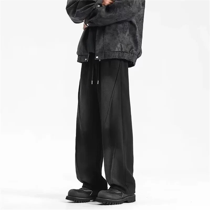 autumn mens high street pleated straight pants korean fashion elastic waist pockets trousers y2k vintage pantalones hombre clean everyday pants