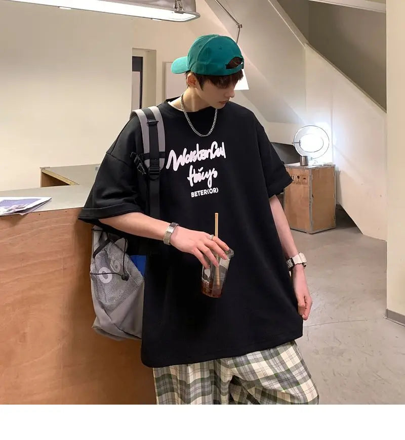 Korean style new Hong Kong style trendy letter printed short-sleeved trend loose and versatile casual couple half-sleeved top