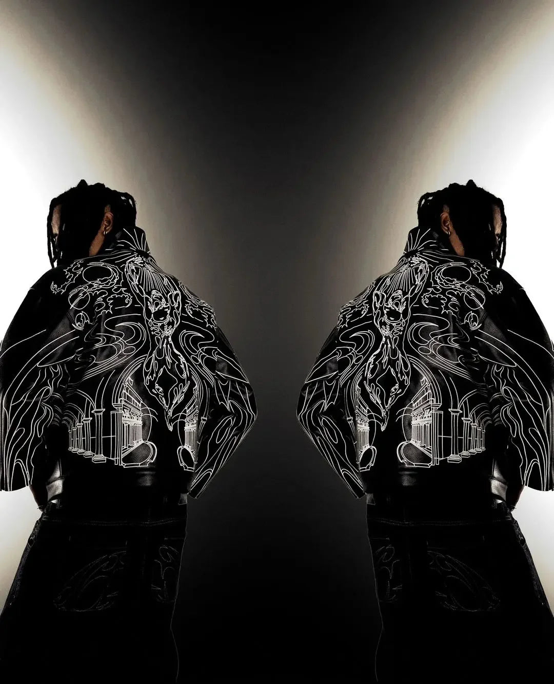 leather varsity jacket, fall winter fit, for men, fall streetwear outfit, oversized style, layered fashion, modern aesthetic, graphic detail