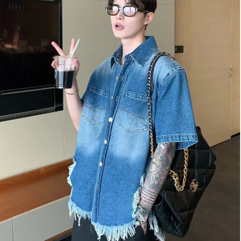 fashion high street mens set 2024 multi pocket short sleeved denim shirt casual straight leg pants 2 pcs set summer suit unisex vintage washed jeans