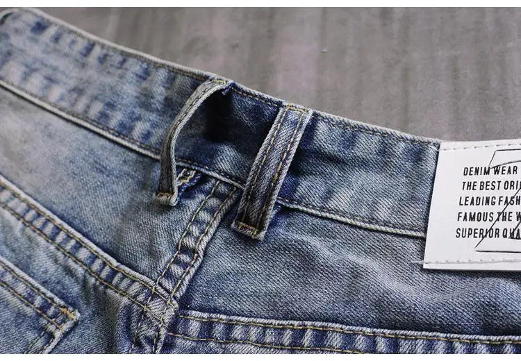 Men's Denim Shorts With Holes Washed Korean Style Straight Quarter  Patch Casual Jeans