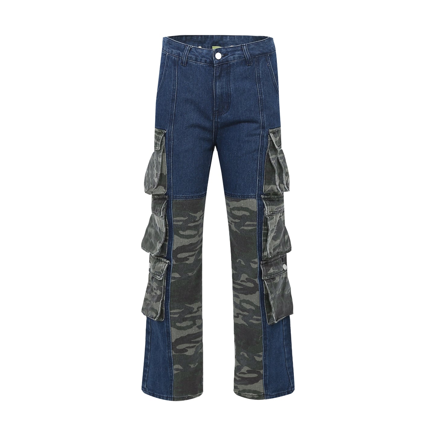 street wear camouflage patchwork cargo flared jeans harajuku unisex functional side multiple pockets camou jeans pants baggy combat utility trousers