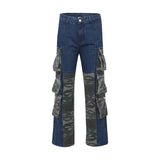 street wear camouflage patchwork cargo flared jeans harajuku unisex functional side multiple pockets camou jeans pants baggy combat utility trousers