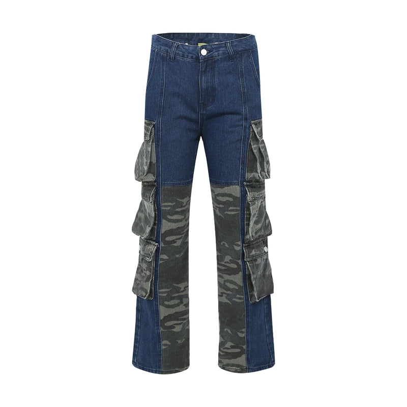 street wear camouflage patchwork cargo flared jeans harajuku unisex functional side multiple pockets camou jeans pants baggy combat utility trousers