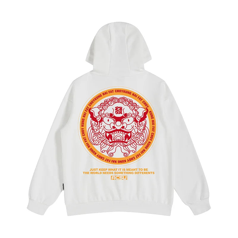 Autumn Dancing Lion Print Hooded Sweatshirts Hombre Hip Hop Fleece