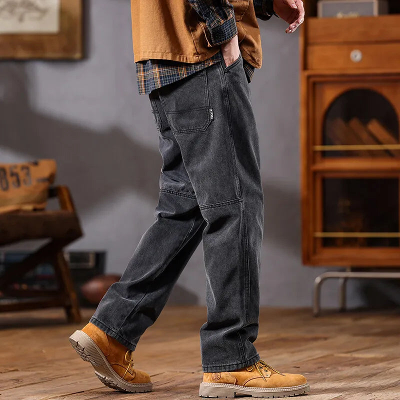 men retro fashion streetwear loose casual plus size straight denim cargo jeans pants man black gray jeans trousers multi-pocket cargos