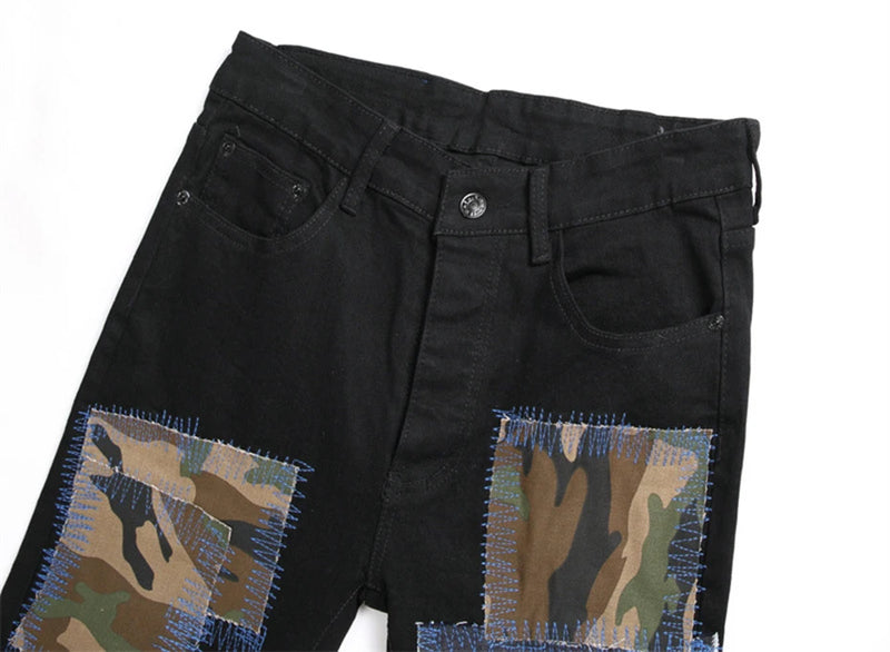 fashion ripped patchwork jeans men harajuku streetwear hip hop black jeans trend slim denim pants unique jeans style 341