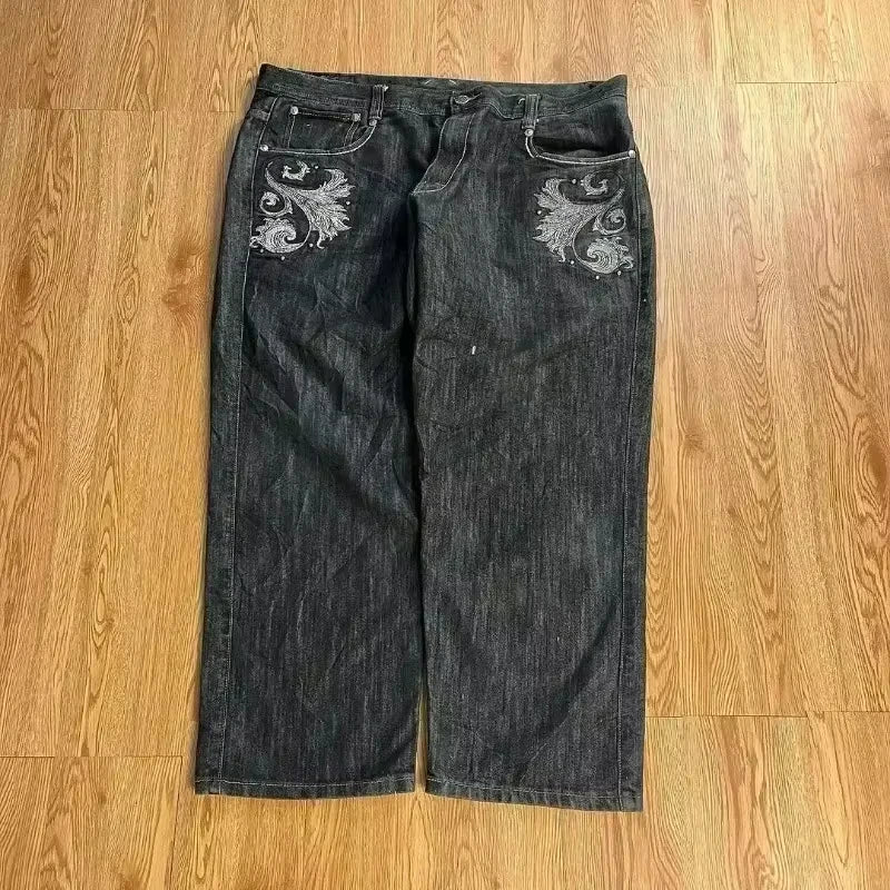 american fashion pattern embroidery loose women street y2k new hip hop punk oversized mopping wide leg pants couple casual jeans urban skinny jeans