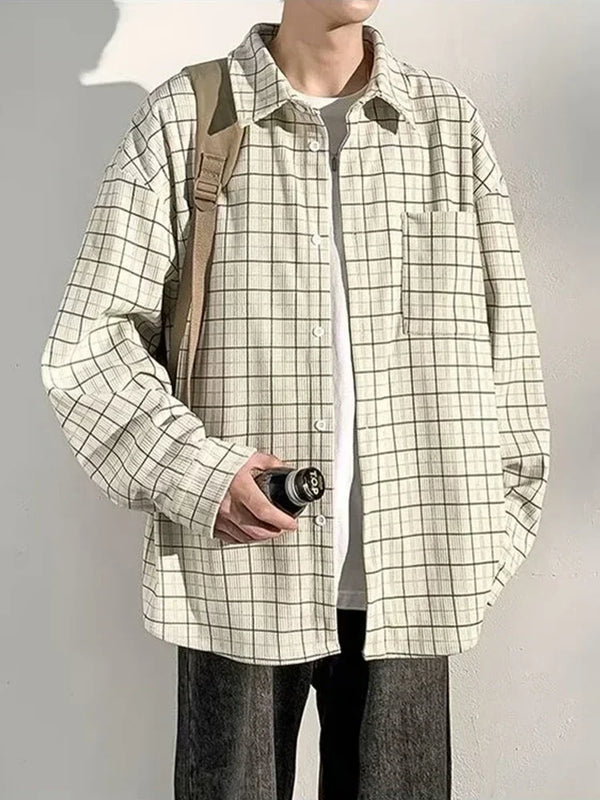 Y2k Graphic tee – Autumn Long Sleeve Corduroy Plaid Shirt Mens High Street Retro