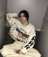 2024 Summer And Spring 123 Letter Print GYMGNO Graffiti Slogan Worn Retro Long Sleeve T Shirt Pullover Sweatshirt