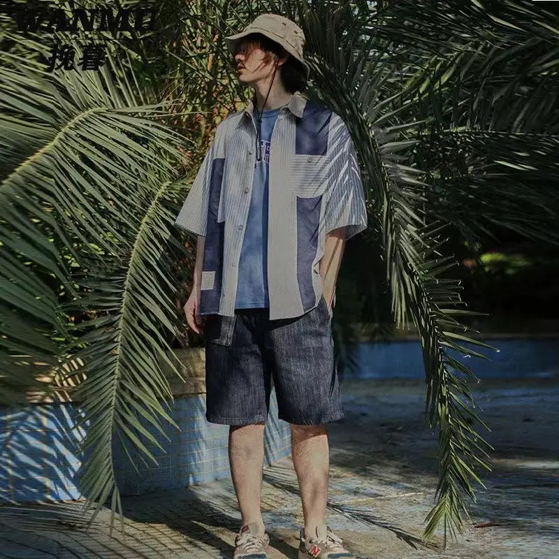 2023 Summer New Light Luxury Fashion Tooling Short-sleeved Shirt Men Loose Couple Casual Striped Shirt Boutique Clothing