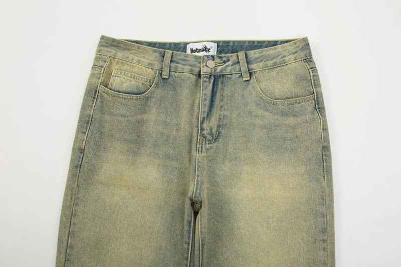 Frayed Yellow Mud Jeans Men's Harajuku Retro Straight Pockets Solid Color Baggy Casual Denim Trousers