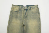 High Street Washed Hole Frayed Yellow Mud Jeans Men's Harajuku Retro Straight Pockets Solid Color Baggy Casual Denim Trousers