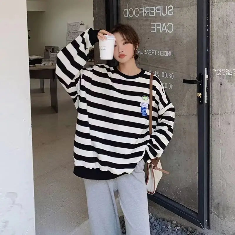 Original Korean New Style Loose Striped Sweatshirt American Harajuku C