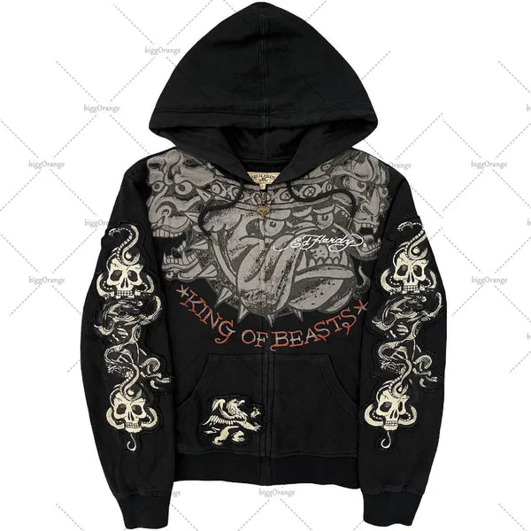 American Fashion Trend Pattern Print Zipper Hoodie Women Y2K New Stree