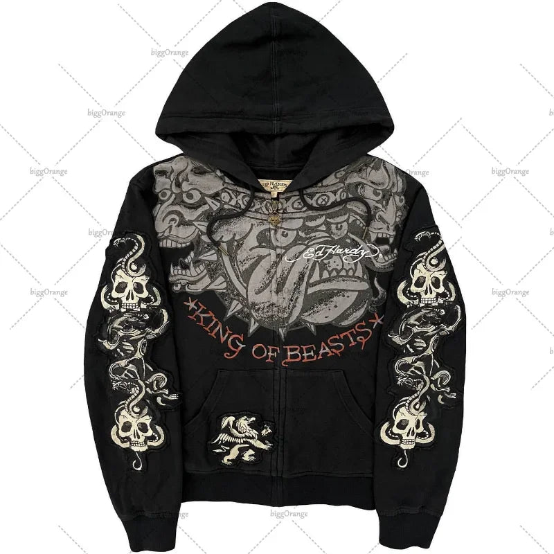 American Fashion Trend Pattern Print Zipper Hoodie Women Y2K New Stree