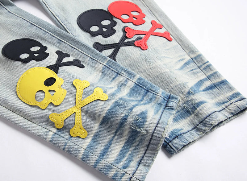 2023 brand new patch light skull head bone chemist tie dyed jeans cotton denim pants comfort casual skinny jeans 32 44 266 unique jeans style 5742