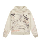 Vintage High Quality Hand Painted Graffiti Printed Washed Fleece Hoodi