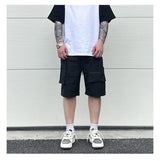 Retro Fashion Vibe Summer Cargo Shorts Functional Pockets Press Glue Zipper Straight Shorts Baggy Casual Split Knee-length