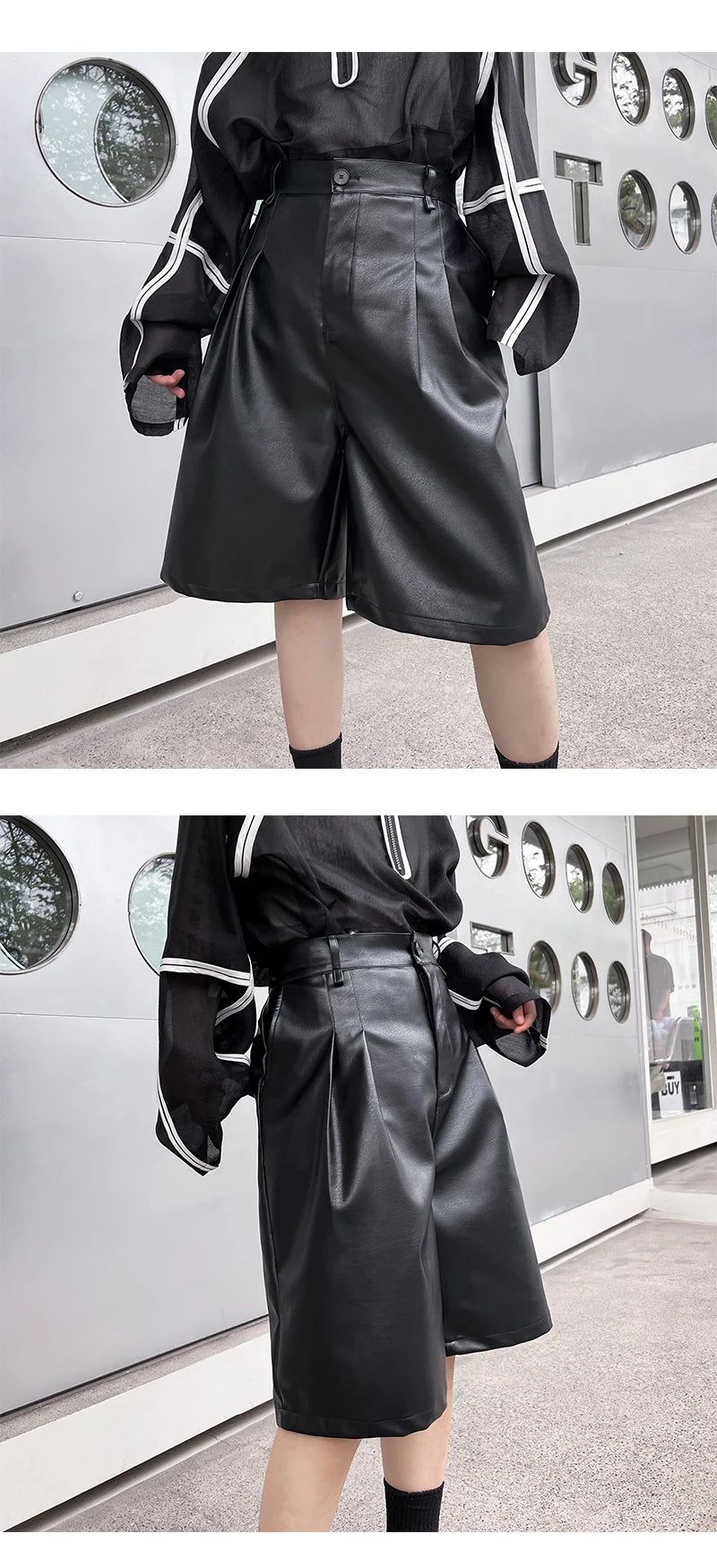 men japanses korean streetwear fashion hip hop loose casual dark black wide leg leather shorts male short pant unique shorts style 921
