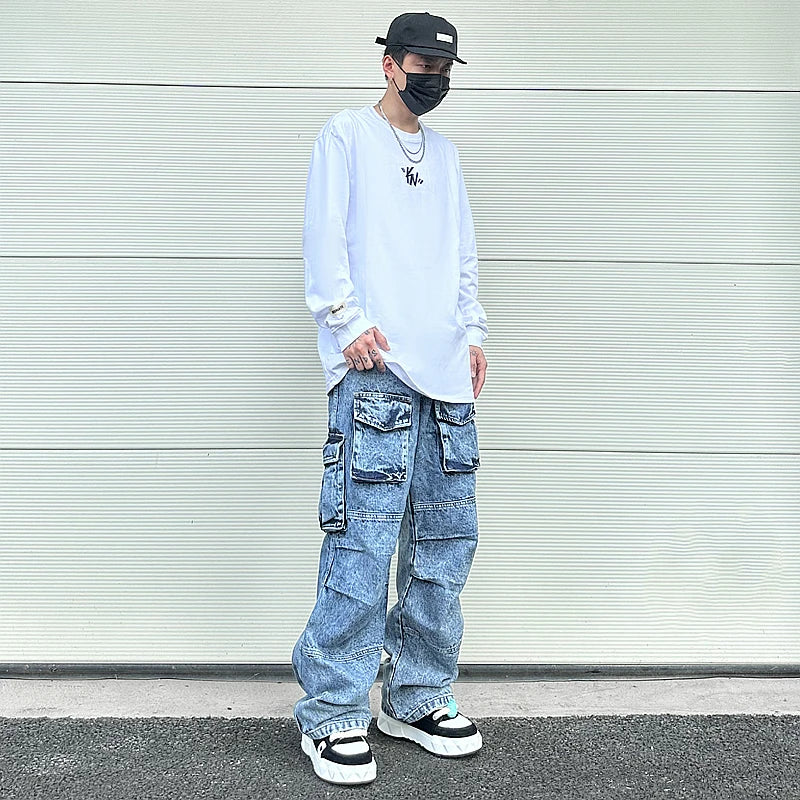 fashion loose streetwear cargo denim jeans unisex casual multi pocket wide legs jean pants hip hop joggers mens baggy jeans unique joggers style 2971