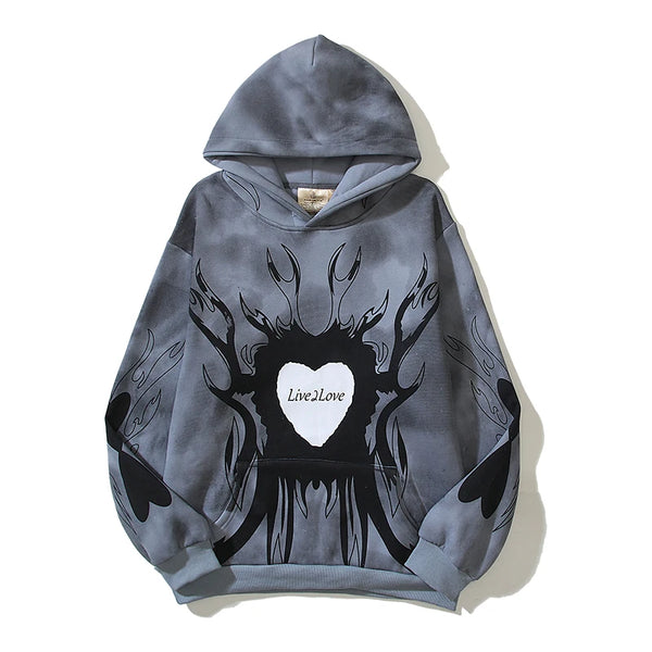 Retro Tie Dyed Love Printed Fleece Pullover Hooded Hoodies For Men And