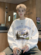Autumn Oil Painting Landscape Print Cotton Sweatshirt Men Loose Casual Crewneck Pullover Hoodies Korean