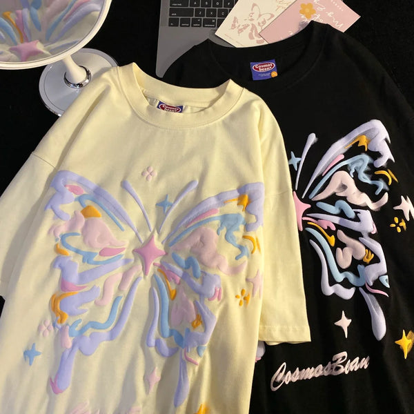 Skatercore Top – Purple Foaming Butterfly Graphic T Shirts Hip Hop Funny – Modern Streetwear for Everyone