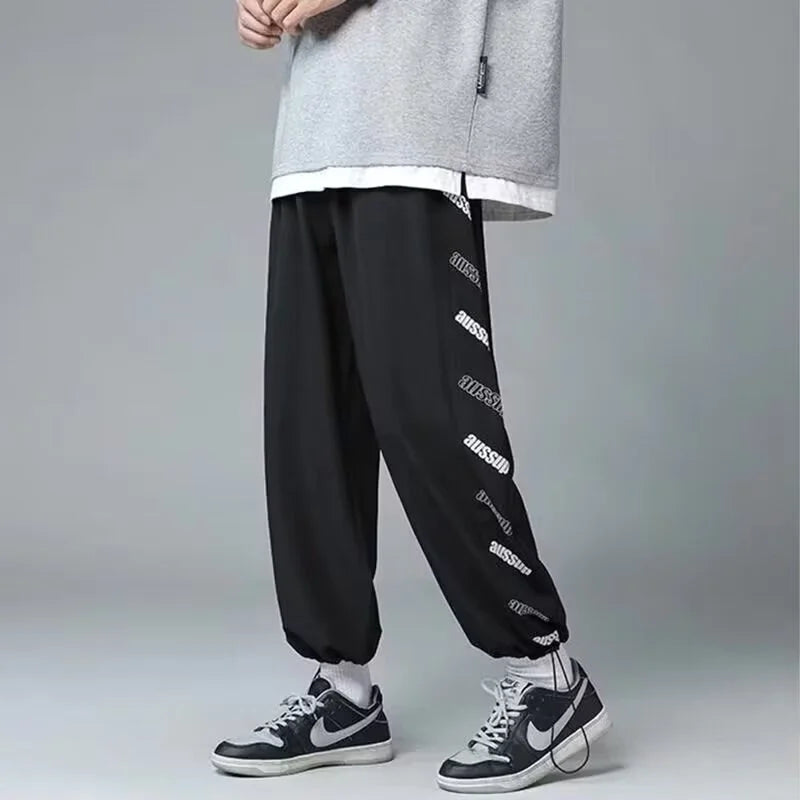 summer side letter printed straight pants mens drawstring sports joggers sweatpants y2k streetwear baggy casual trousers streetwear sweatpants