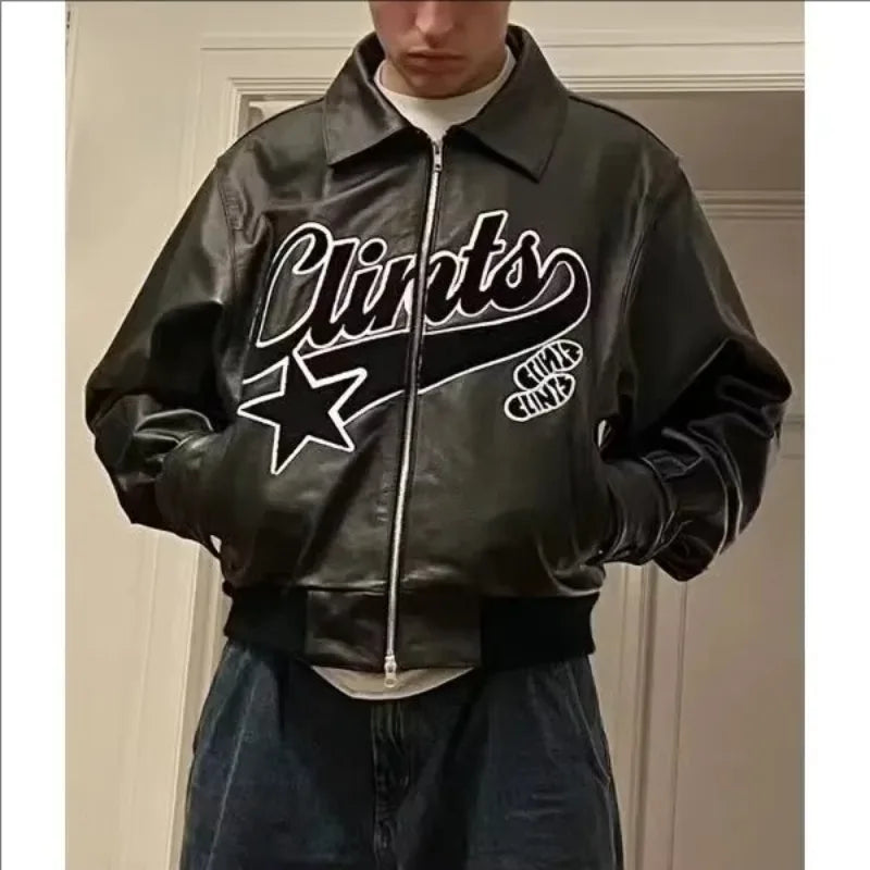 bold graphic coat, high-street look, for men, fall streetwear outfit, oversized style, layered fashion, modern aesthetic, graphic detail