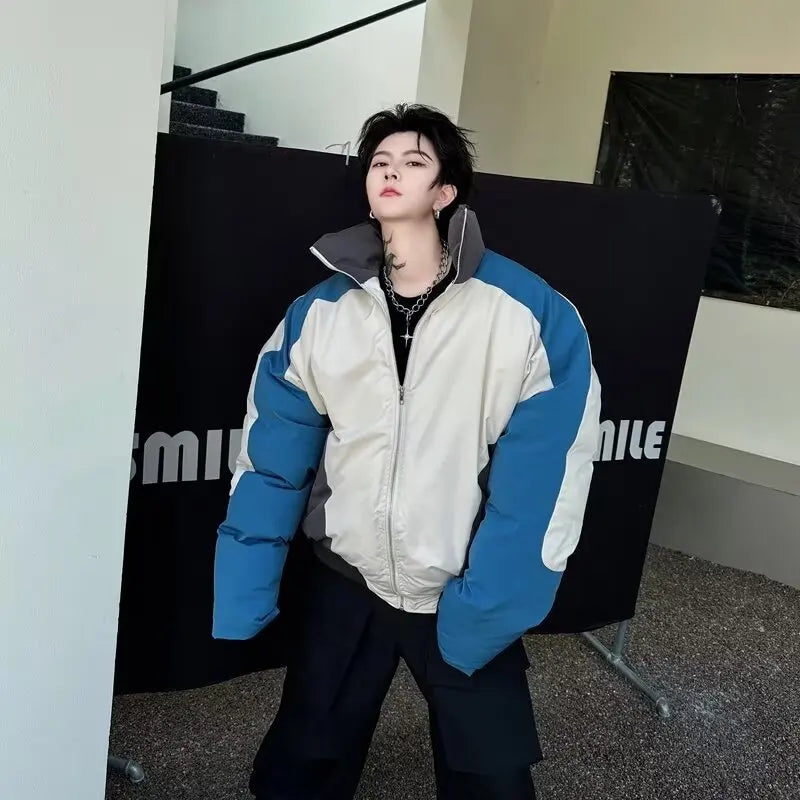 Retro Stand Collar Winter Jacket Men Zip Up Patchwork Cotton-padded Lightweight Parkas Spring Unisex Loose Autumn Short Outwear