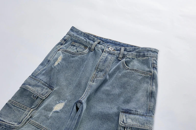 mens baggy jeans side big pocket distressed ripped denim jean straight pants high street cargo jean pants hip hop joggers jeans unique joggers style 2999