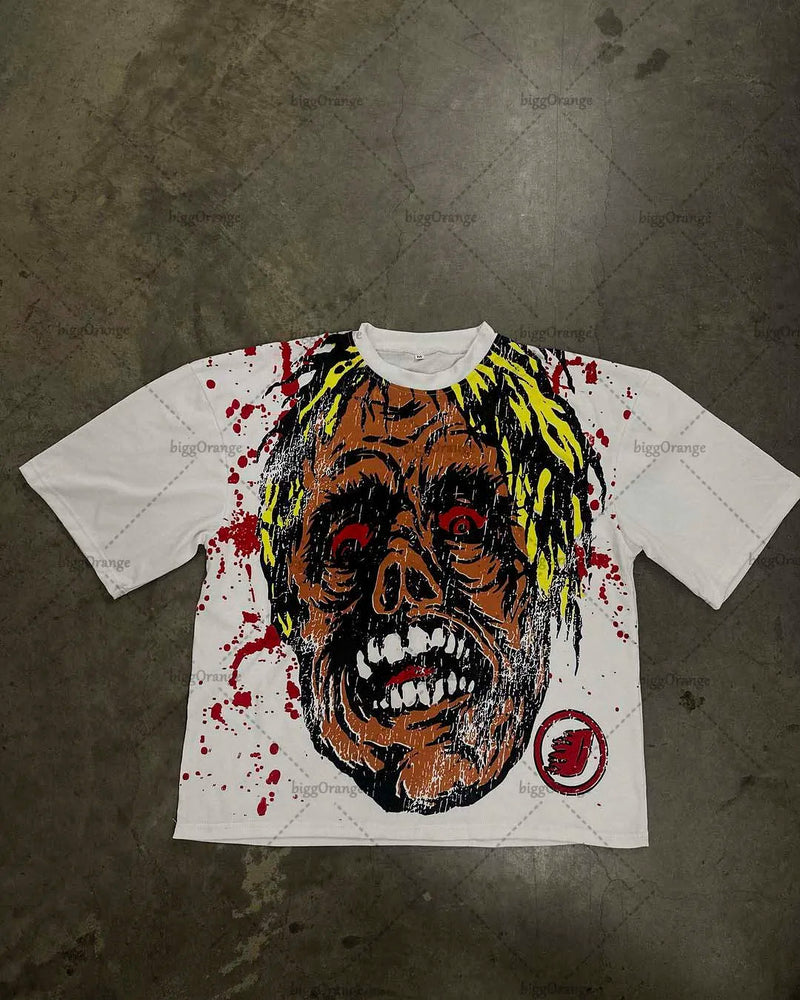 Skatercore Melting smiley – 2023 New Gothic Punk Devil Pattern Print Oversized T Shirt M